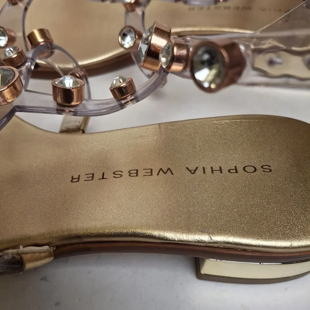 Sophia Webster Gold Dina Flat Sandal Women US5.5/ 36 Gem Studded Summer Vacation